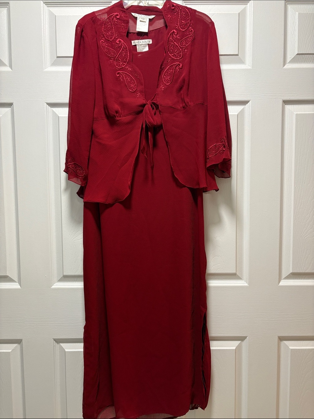 Eliza J Deep Red Long-Sleeve Tie-Front Evening Dress